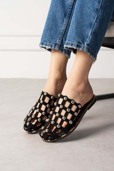 ShoeTek Livya Women's Slippers with Pins Black Suede