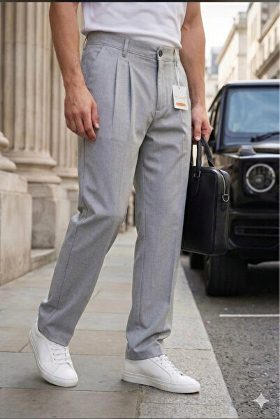 MODAMESTO Ανδρικό παντελόνι από ύφασμα με πιέτες σε ανοιχτό γκρι χρώμα, άνετη...