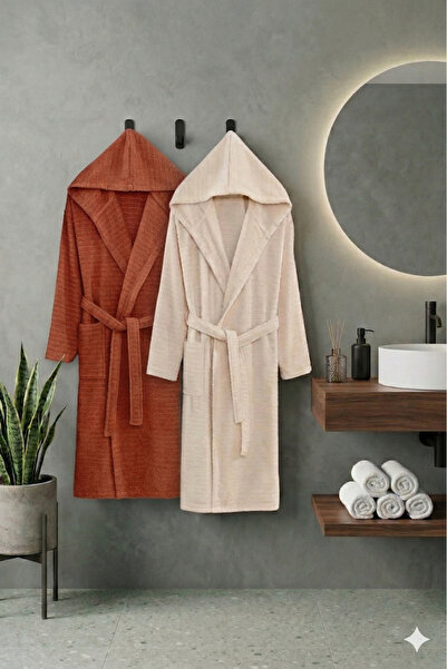 COTTONQUEEN Mira Tile Beige Hooded Couple Bathrobe