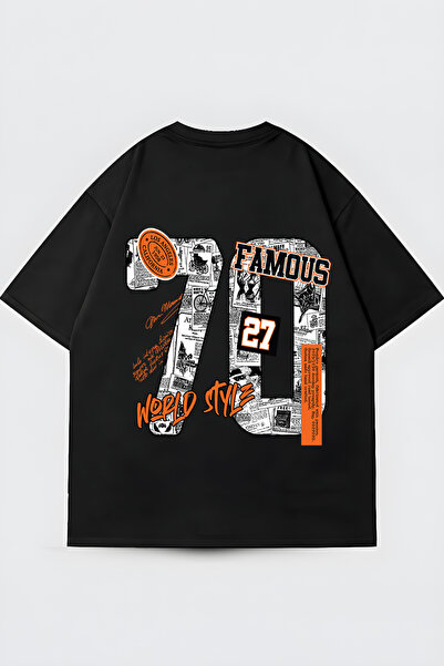 FUWEAR Μαύρο μπλουζάκι oversize με vintage σχέδιο εφημερίδας 70, εμπριμέ μπλο...