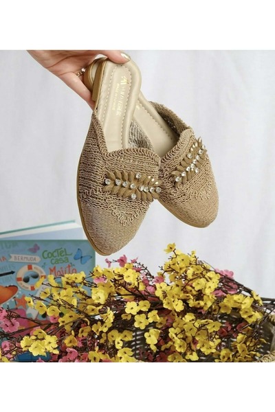 AYAKCİTY Forlan Special Model Straw Embroidered Stone Detailed Slippers