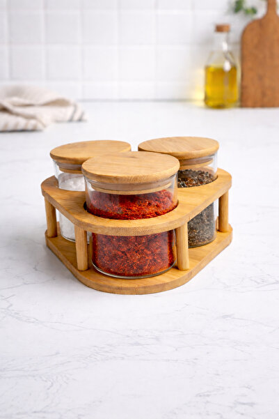 NOKKA Set of 3 Glass Spice Jars with Bamboo Stands – with Lids, Stylish Kitch...