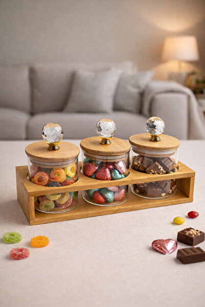 NOKKA Crystal Glass Jars with Handles (8X8 cm) Set of 3 with Wooden Stands – ...