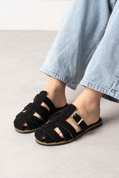 ShoeTek Laverya Women's Slippers with Straps and Buckle Black Suede