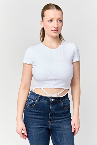 Don't Call Me Jennyfer Women Crew Neck Ribbed Short Sleeve Cropped Top, White