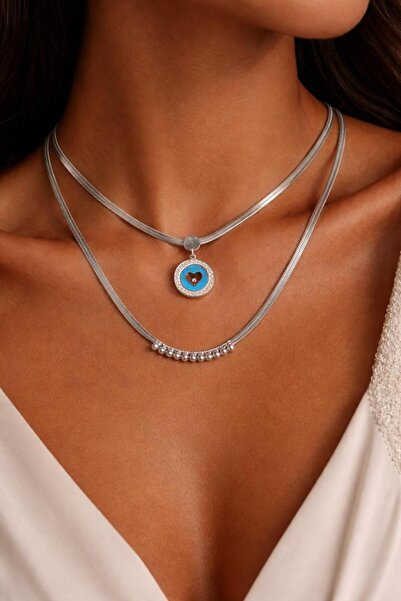 naturel glow Blue Heart Detailed Double Layer Steel Necklace – Stylish Women'...