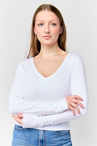 Don't Call Me Jennyfer Women V-Neck Long Sleeve Solid Top, White