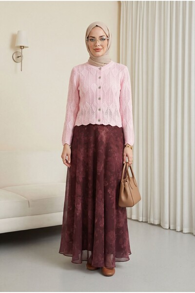 Modamorfo Ζακέτα πλεκτή διάτρητη με σχέδιο φύλλων - ροζ