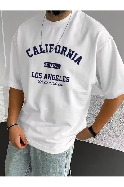 AEMİ Μπλουζάκι Unisex California Los Angeles με στάμπα Oversize Crew Neck