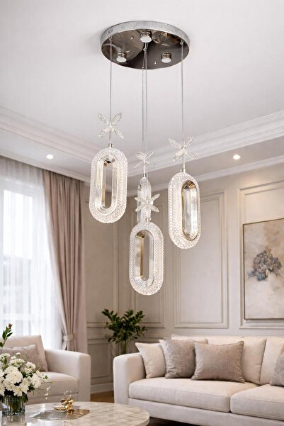 HOMSİ OVAL SARKIT 4LÜ LEDLİ AVİZE GÜMÜŞ RENK