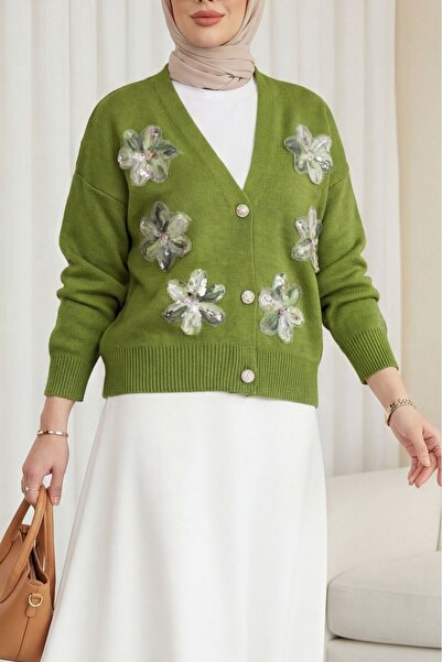 Modamorfo Buttoned Knitwear Cardigan with Sequins and Floral Detail on the Fr...