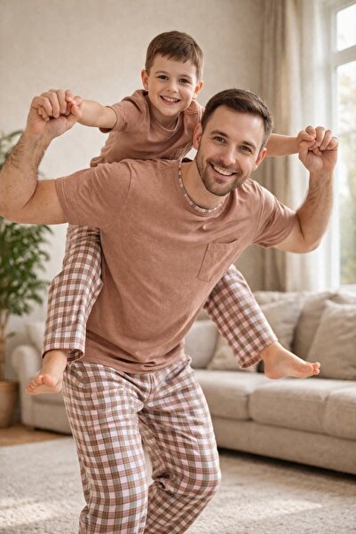 rindahomewear Ανοιχτό καφέ κοντομάνικο σετ πιτζάμες μπαμπάς-γιος με τσέπες