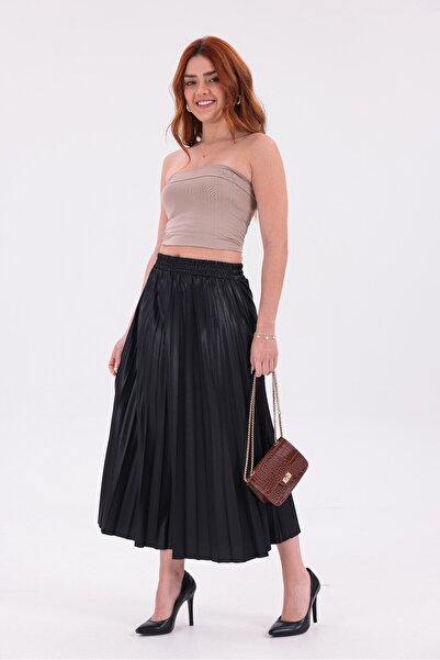 OsmanogluWear Fusta midi plisată pentru femei, cu talie elastică, croială con...