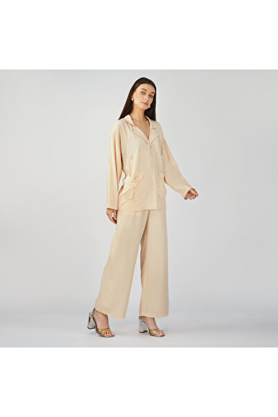 LINELLE Soft Beige Floral Shell Embroidered Co-Ord Set