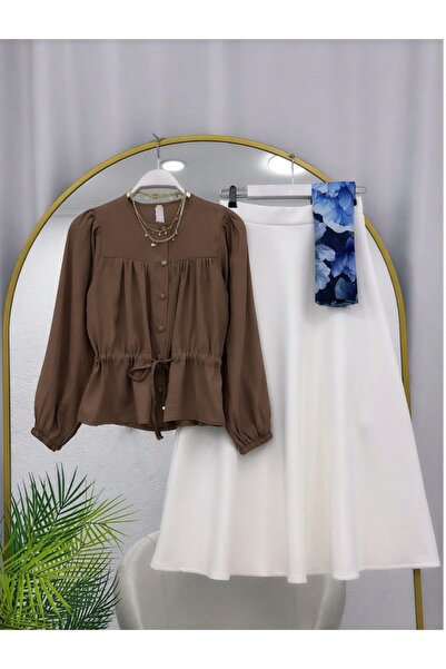 MODA VEDAT Γυναικείο πουκάμισο με λεπτομέρεια στη μέση - Σετ με φούστα Puff S...