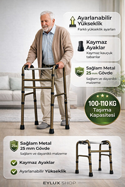 EyluX Shop Hasta Yürüteci Walker Yürüteç 4 Ayaklı Metal 25 mm Yürüteç Ayarlan...