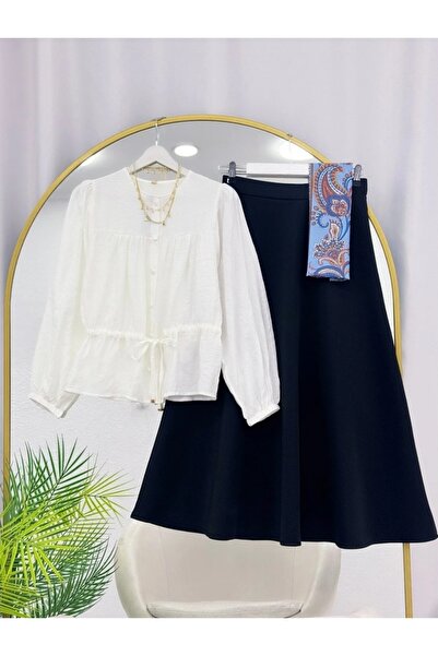 MODA VEDAT Γυναικείο πουκάμισο με λεπτομέρεια στη μέση - Σετ με φούστα Puff S...