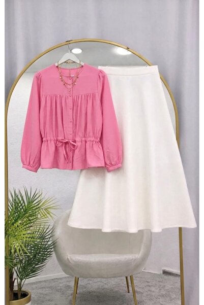 MODA VEDAT Γυναικείο πουκάμισο με λεπτομέρεια στη μέση - Σετ με φούστα Puff S...