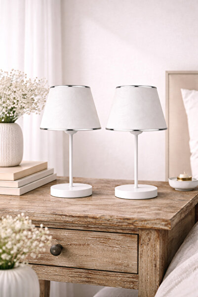 Eslight Soleva 2'li Modern Dekoratif Beyaz Kumaş Şapkalı Masa Lambası Krom De...
