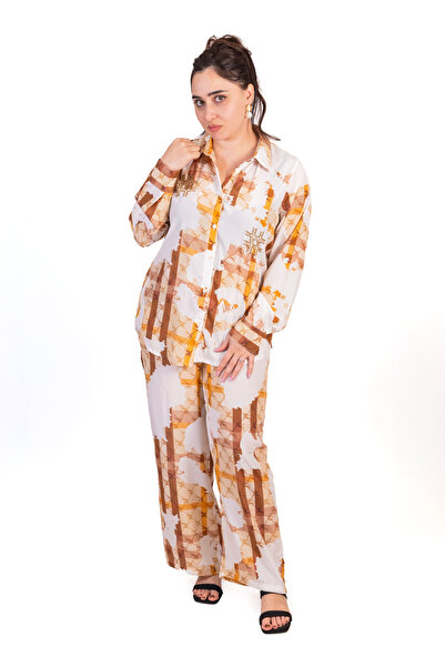 LINELLE White & Brown Abstract Embroidered Co-Ord Set