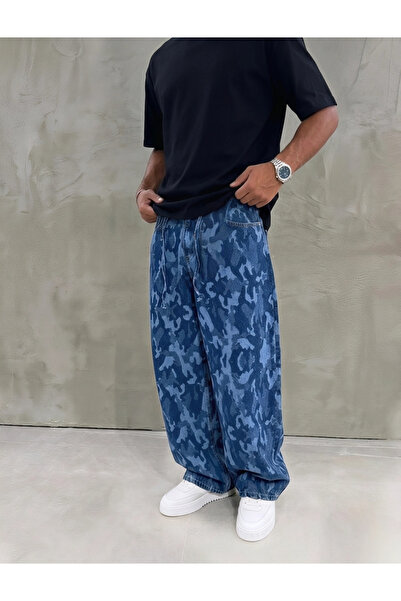 Wonraces Ανδρικό παντελόνι καμουφλάζ σε μπλε χρώμα, σούπερ φαρδύ