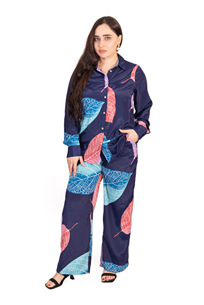 LINELLE Blue Multicolor Leaf Motif Printed Co-Ord Set