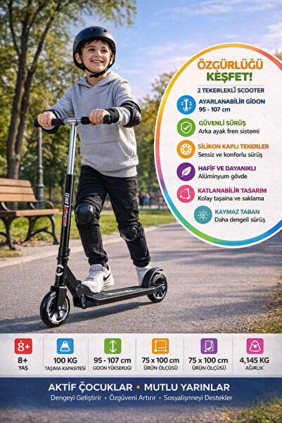 TOYFEST Katlanabilir Scooter Çocuk 8+ Yaş 2 Tekerlekli Ayarlanabilir Gidon 10...