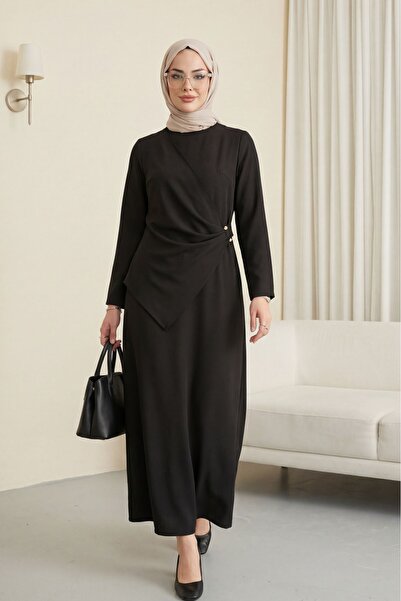 Modamorfo Crossed Allerli Buckle Round Neck Imported Crepe Dress -K. Coffee