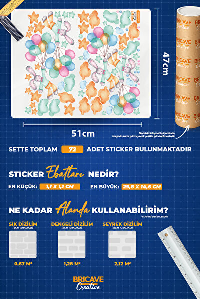 Bricave Suluboya Balonla Uçan Tavşanlar ve Renkli Bulutlar Çocuk Odası Duvar Sticker