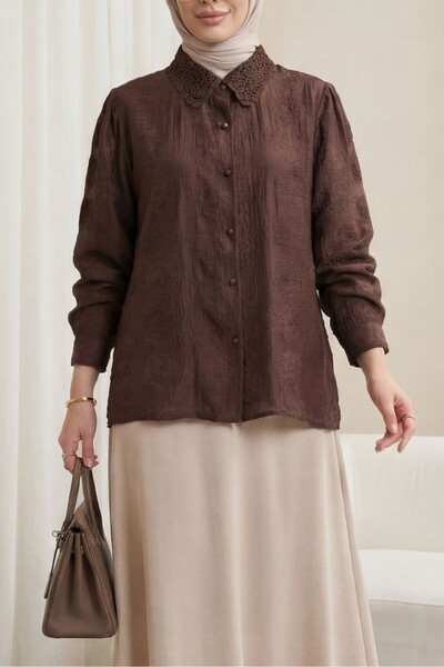 Modamorfo Buttoned Collar Lace Patterned Jacquard Shirt - Brown