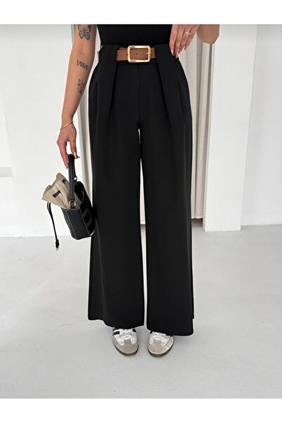 LAVRE Παντελόνι Palazzo με μαλακή υφή και λεπτομέρεια στην ζώνη μέσης - Υφασμ...