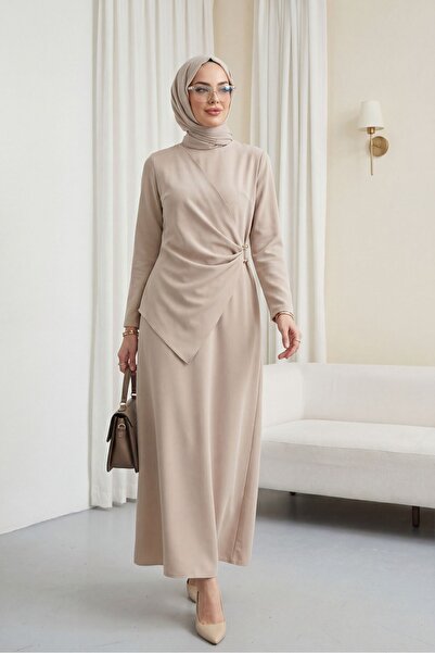 Modamorfo Crossed Allerli Buckle Round Neck Imported Crepe Dress -Stone