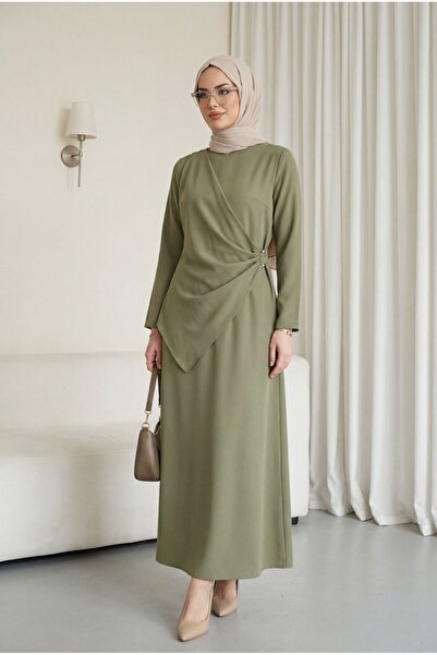 Modamorfo Crossed Allerli Buckle Round Neck Imported Crepe Dress -Çağla Y.