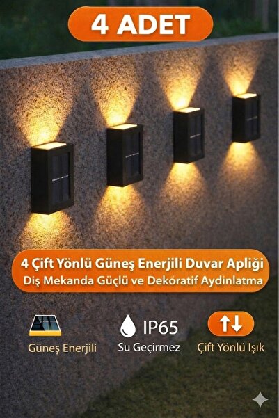 TeknoEser 4 Adet Solar Cift Tarafli Duvar Lambasi Gunes Enerjili Aydinlatma D...