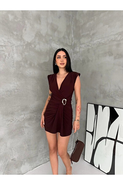 SIVON WEAR Kadın Kruvaze Drapeli Tokalı Mini Elbise Şık Gece Davet Abiye