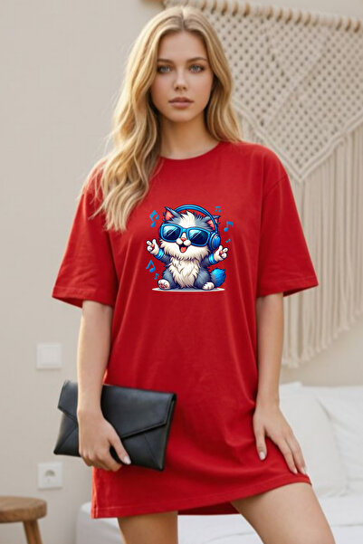 Frisson Elbisee Women's Red Oversize T-Shirt Dress – Music Cat with Headphone...