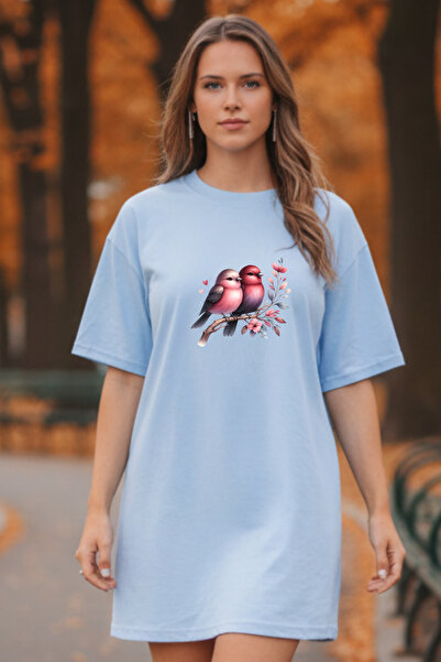 Pink Sky Γυναικείο πράσινο φόρεμα μπλουζάκι Elbisee – με χαριτωμένα πουλιά κα...