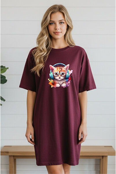 valeriae Elbisee Γυναικείο Κόκκινο Φόρεμα T-Shirt Oversize – Με στάμπα γάτας ...