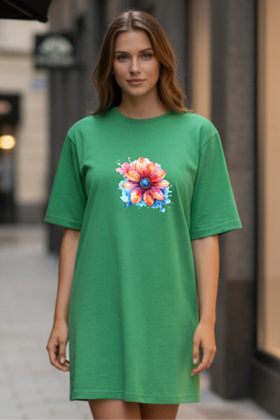 bellanova Elbisee Γυναικείο Κόκκινο Φόρεμα T-Shirt Oversize – Με Πολύχρωμο Φλ...