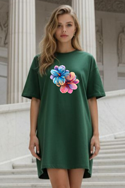 valeriae Elbisee Γυναικείο Κόκκινο Φόρεμα T-Shirt Oversize – Πολύχρωμο με Στά...