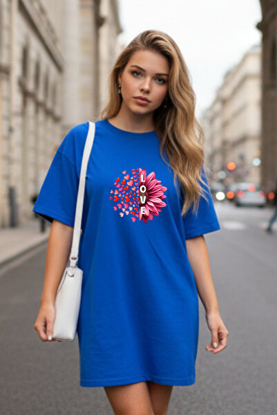 Pink Sky Elbisee Women's Black Oversize T-Shirt Dress – Love Flower and Heart...