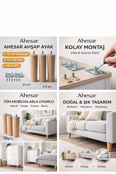 AHESAR TİCARET Ahesar Ahşap Koltuk Ayağı 12 cm 4’lü Set – 5.5 cm Çap, Vida Ap...