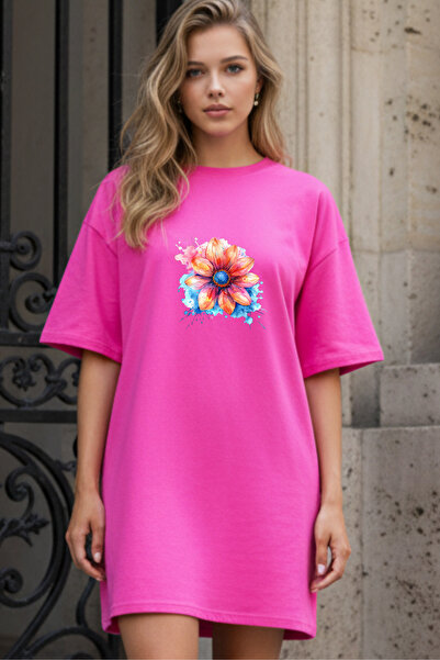 Pink Sky Elbisee Γυναικείο Κόκκινο Φόρεμα T-Shirt Oversize – Με Πολύχρωμο Φλο...