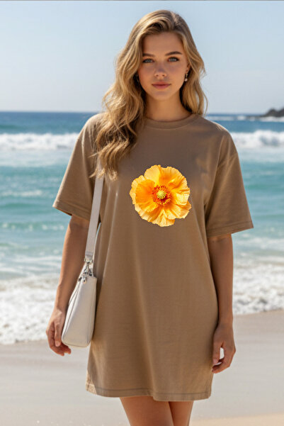 valeriae Elbisee Women's Red Oversize T-Shirt Dress – Yellow Floral Print