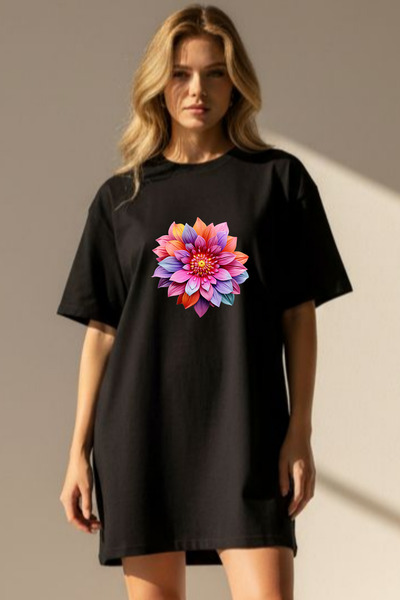 valeriae Elbisee Γυναικείο Κόκκινο Φόρεμα T-Shirt Oversize – Με Πολύχρωμο Φλο...