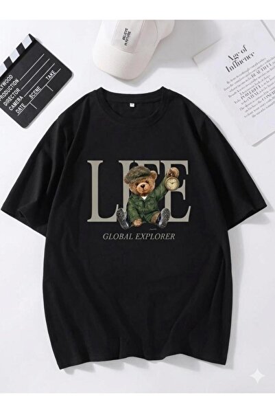 Duzor Unisex κοντομάνικο μαύρο μπλουζάκι Teddy Life Explorer Oversize, Premiu...