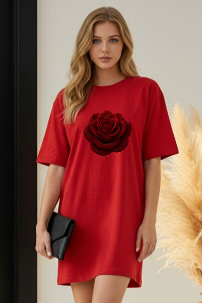 Pink Sky Elbisee Women's Red Oversize T-Shirt Dress – Red Rose Print (Rose De...