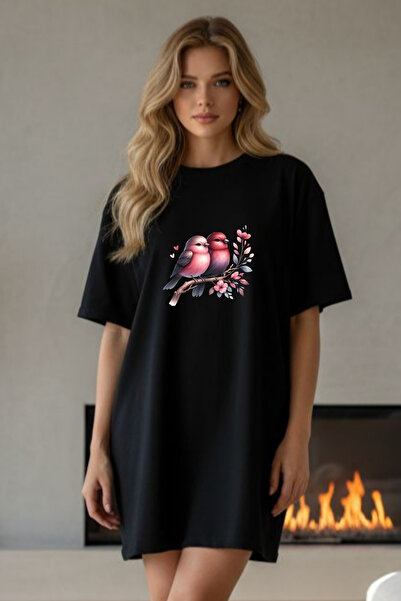 EFFRENATU Γυναικείο πράσινο φόρεμα μπλουζάκι Elbisee – με χαριτωμένα πουλιά κ...