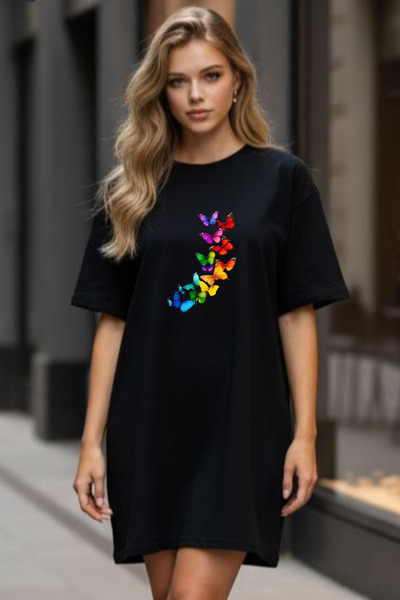 Frisson Elbisee Γυναικείο Κόκκινο Φόρεμα T-Shirt Oversize – Με στάμπα πολύχρω...