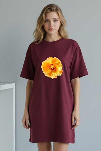 valeriae Elbisee Γυναικείο Κόκκινο Φόρεμα T-Shirt Oversize – Κίτρινο με στάμπ...